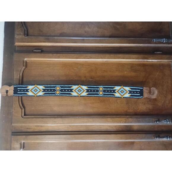 Vintage Beaded Belt Wide Bali Stretch Boho Aztec Indonesian Wooden Carved Buckle - Picture 3 of 4